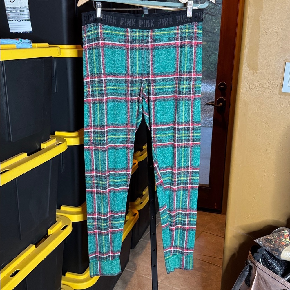 NWOT PINK Victoria’s Secret Heather Green Plaid Sleepwear Leggings Size Large